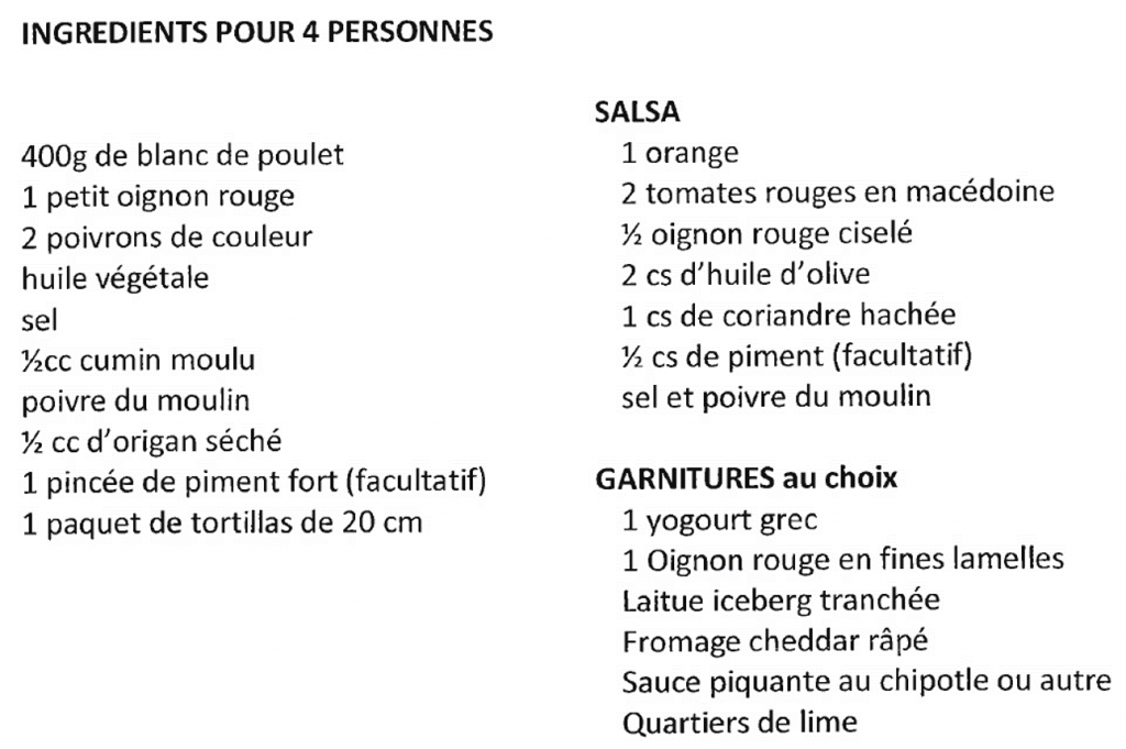 ingrédients fajitas